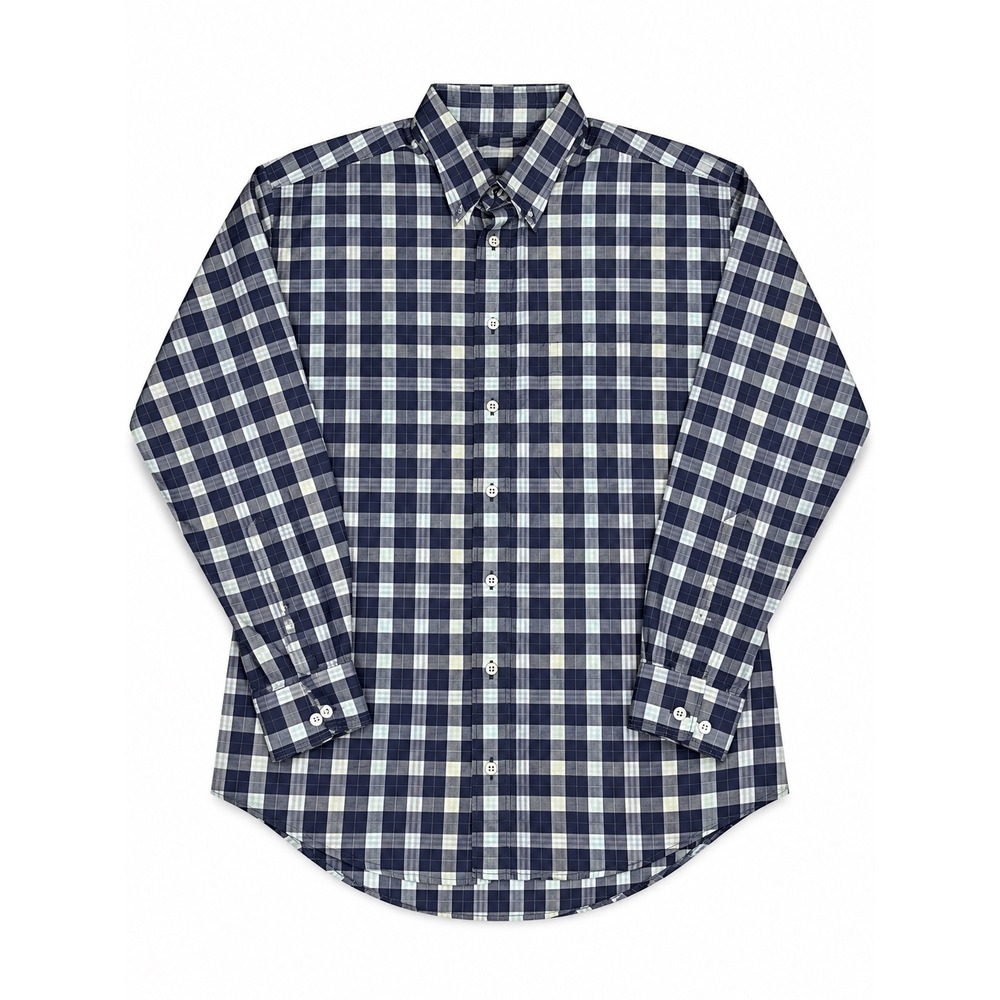 Burberry London Navy Blue Plaid Button Down Shirt Made in USA Medium